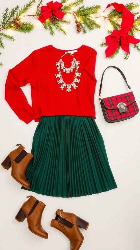 Festive Christmas Outfit Ideas Flat lay of Christmas outfits with sweater, skirt, boots, and festive accessories on a decorated background.